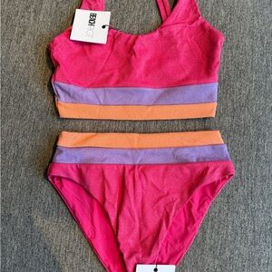 Beach Riot Hot Pink High-Waist Bikini with Lavender & Orange Bands